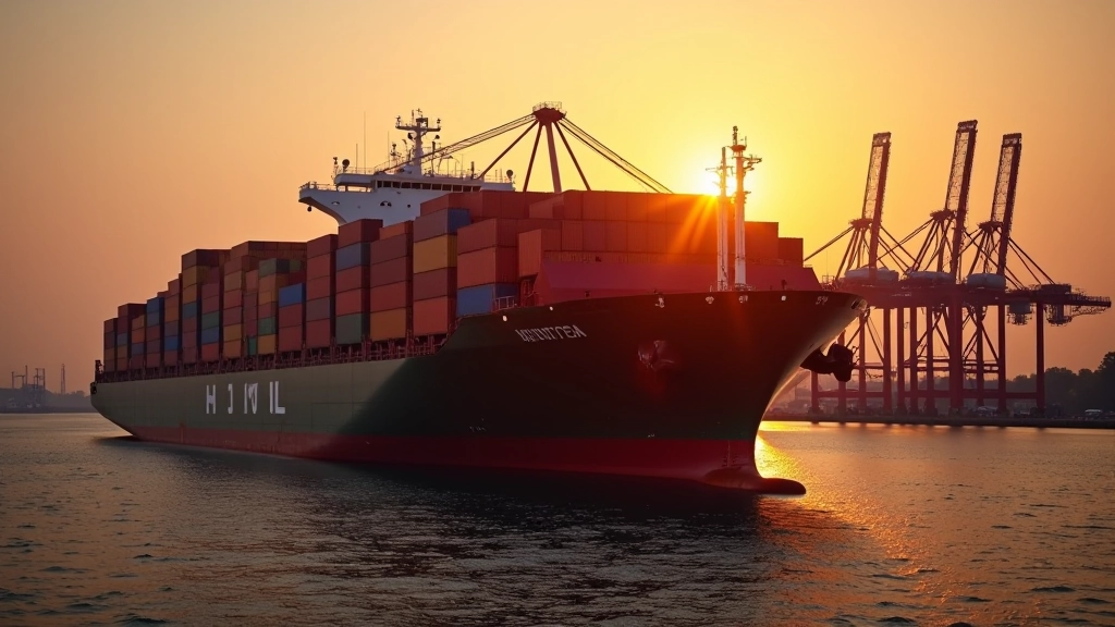 Cargo-Schiff mit Containern im Hamburger Hafen während Sonnenuntergang